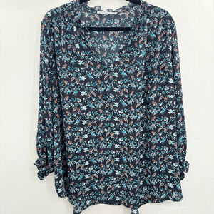 Violet & Claire Garden Floral Blouse Sz 2X Blue Bishop Sleeve Relaxed Office